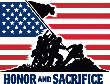 Iconic silhouette of US Marines raising the flag on Iwo Jima against American flag background, symbolizing honor, courage, and sacrifice in WWII.