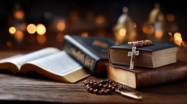 Sacred texts including Bible, Quran and Torah displayed together, concept of interfaith dialogue, three monotheistic religions, religious symbols including cross, pointer, prayer