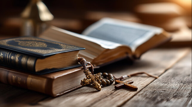 Sacred texts including Bible, Quran and Torah displayed together, concept of interfaith dialogue, three monotheistic religions, religious symbols including cross, pointer, prayer