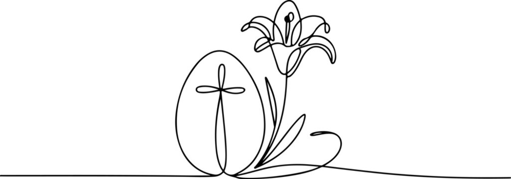 A minimalist Easter egg with a cross on it and a blooming flower beside it on a simple background in a line art style