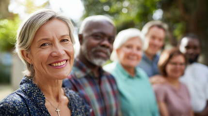 Smiling faceless group of diverse people representing multiple religions standing together outdoors, people of different faiths uniting for religious harmony day, interfaith