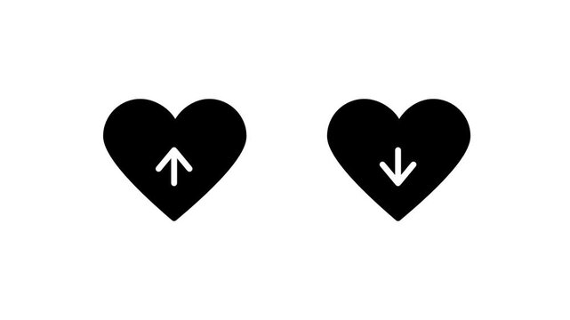 Two hearts are placed side by side with one containing an upward arrow and the other a downward arrow to show a rating system for user feedback