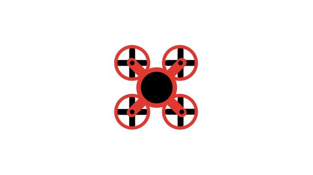 A red and black quadcopter drone is viewed from directly above showing its four propellers and central body ready for aerial flight operations