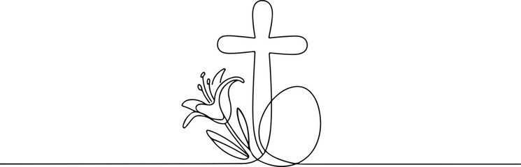 Fototapeta premium Easter celebration illustration featuring cross, egg, and flowers in a simple line art style