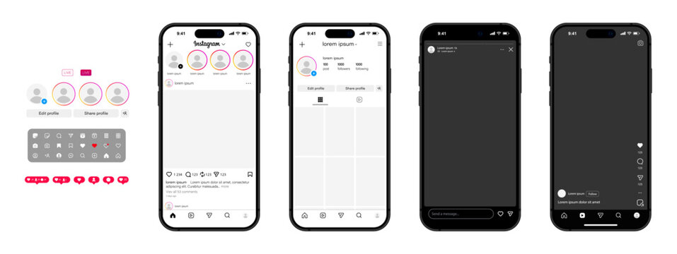 Instagram template app screens on Apple Iphone mockup set. Realistic Instagram interface on smartphone: profile, post, message, shop, icons set. Editable text and blank frames. Editorial Vector.
