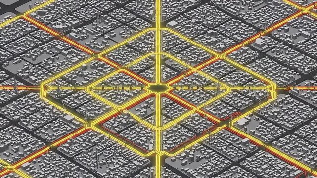 Abstract smart city grid with glowing network paths and central energy beam, symbolizing modern urban connectivity and data flow.