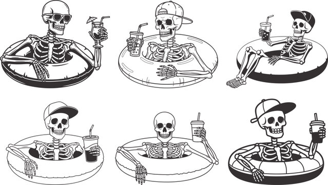 Summer vacation skeletons enjoying leisure time by the pool in warm weather