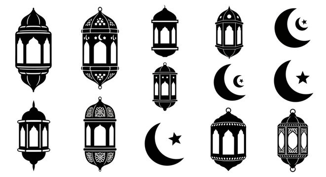 Set of 12 Ramadan lantern and moon icons vector