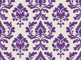 Fototapeta premium Seamless damask pattern with ornate purple floral motifs a light beige background