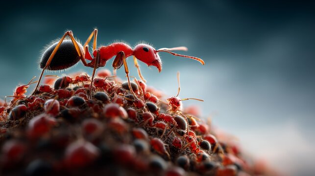 Close-up of a red ant standing on a mound of black ants, showcasing intricate details of its body and antennae against a blurred background
