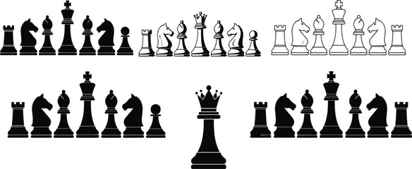 Chess Pieces Silhouette Vector Set with King Queen Rook Bishop Knight and Pawn Icons © Momota