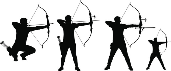 Archery silhouette collection, archer aiming with bow, sports training vector, precision shooting posture, hunting stance design, archery athlete action, competitive archery position illustration © MstMoslama