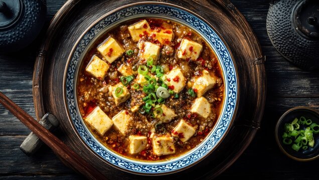 Savory cubes of soft soybean curd simmer in a rich, spicy sauce garnished with fresh scallions.