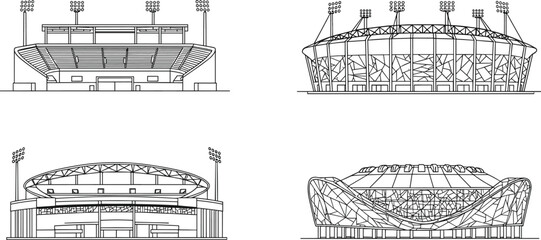 Stadium elevation drawings, modern sports arena architecture, detailed CAD outline, front view design, vector line art for presentation, blueprint © MstMoslama