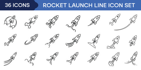 Rocket Launch Line Icon Set Vector Collection, Startup Business Growth and Space Ship Takeoff Outline Symbols with Motion Trails and Smoke Effects for App UI, Web Design and Technology Branding © Mirza