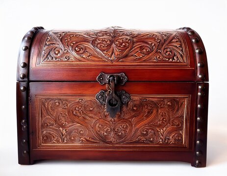 ornate wooden chest with curved lid intricate floral carvings and dark metal latch n vintage keepsake box in reddish brown hue for decorative storage collectible design and historical styling on