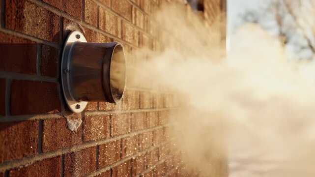 Close-up of industrial pipe emitting microplastic pollution into the air against a brick wall with a blurred background.