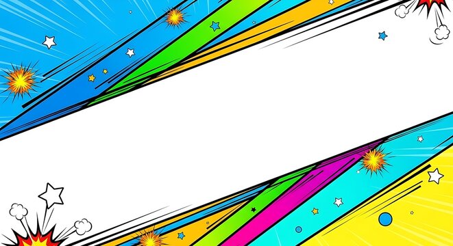 Vibrant comic style explosion with stars and lights on colorful background