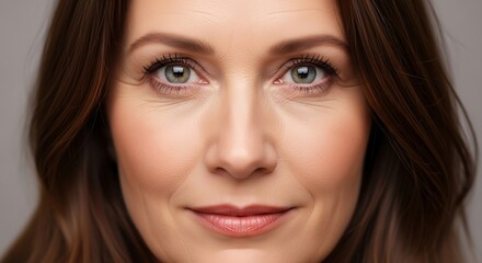 Fototapeta premium Close-up portrait of a smiling middle-aged woman with natural wrinkles and kind eyes.
