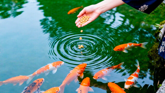 Hand throwing fish food into koi pond with ripples in water  