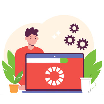 Man Using Laptop with Loading Screen Software Update System Upgrade Progress Bar Digital Device Technology Startup