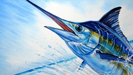 Majestic Blue Marlin Leaping from Water Watercolor Painting