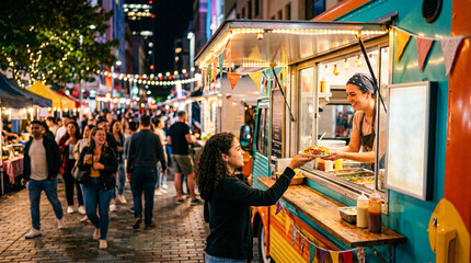 Obraz premium Camión de comida en festival urbano con enfoque selectivo y ambiente vibrante. Escena callejera con luces cálidas y público desenfocado al fondo.
