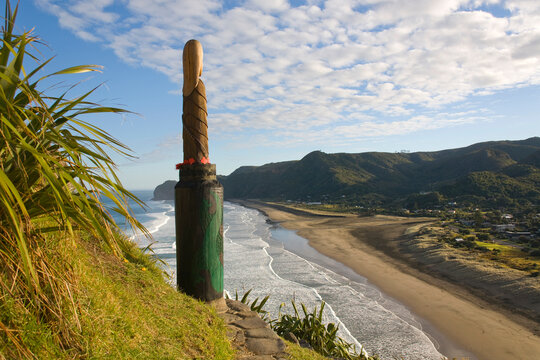 Beach Fall  landscape Piha, New Zealand maori totem pole 