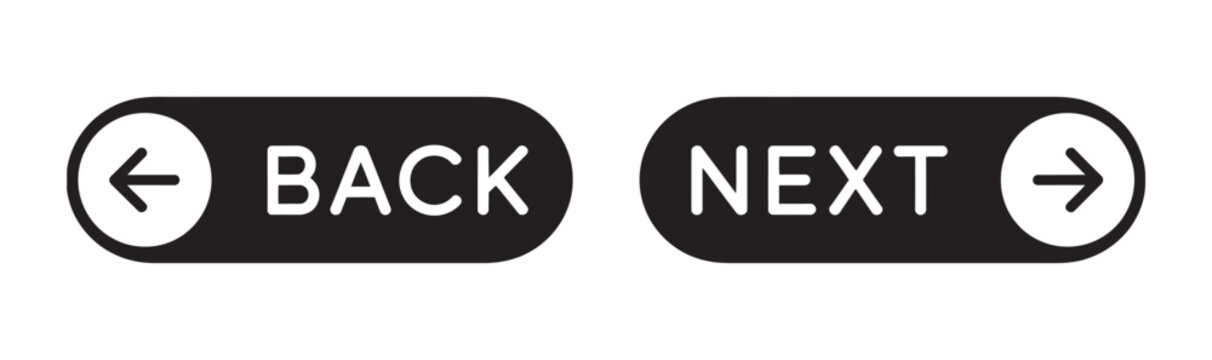 Back and Next Button User Interface, navigation controls, flat vector icons, website and app UI elements set