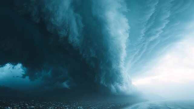 Massive cyclone wall cloud rolling over coastal town with heavy rain, strong wind and dramatic ocean waves