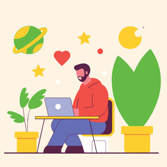Fototapeta premium Man Working on Laptop From Home Vector Illustration. Remote Work Concept. Home Office Setup and Workspace With Plants