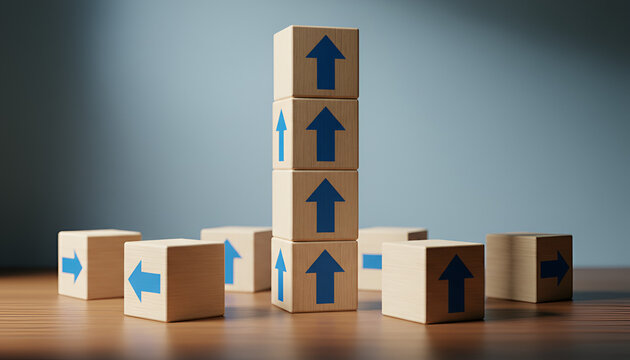 Growth Strategy Visual: Upward Arrows Tower and Lateral Expansion Blocks on Wood

