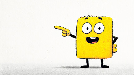 Fototapeta premium Happy yellow character pointing finger presenting information