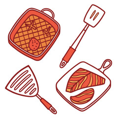 Grilling set illustration with square grill pan spatulas and cooked salmon fillet on cutting board showing barbecue preparation and healthy seafood © Monira