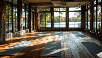 Fototapeta premium Serene Yoga Studio - Sunlight Streaming Through Panoramic Windows Overlooking Lake.