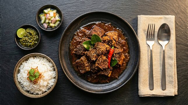 Authentic Minang Beef Rendang, Served with Steamed White Rice and Green Chili Condiment