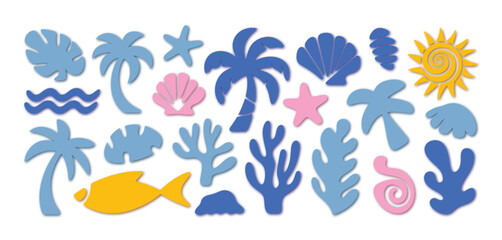 Obraz premium Abstract Modern Vector Sea and Ocean Vacation Elements in Simple Wavy Groovy Naive Style, Vintage Trendy Summer Template with Fluid Waves, Coastal Shapes, and Retro Beach Design.