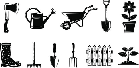 Black gardening tool vector silhouette set featuring watering can wheelbarrow shovel rake axe garden boots fence flower pot and trowel isolated on white background © Jabun