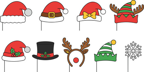 Festive Christmas photo booth props collection with Santa hats, elf hats, reindeer antlers, snowflake and holiday top hat, perfect for party decoration and celebration photography © Creative World