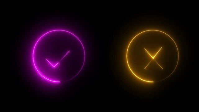 glowing neon Tick or check mark icon on Black Background . right and wrong animated neon icons, False and true. Correct and incorrect, "Minimal neon Check Mark and Cross Icon in Circle .