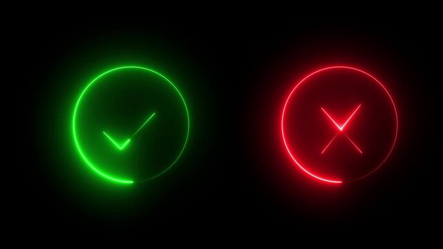 glowing neon Tick or check mark icon on Black Background . right and wrong animated neon icons, False and true. Correct and incorrect, "Minimal neon Check Mark and Cross Icon in Circle .