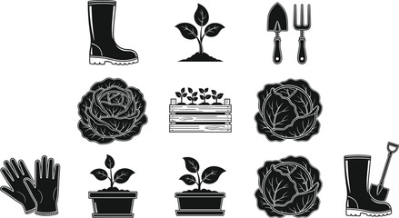 Black and white gardening silhouettes set featuring rubber boots cabbage plants potted seedlings garden gloves shovel and hand tools for farming and agriculture designs © Jabun