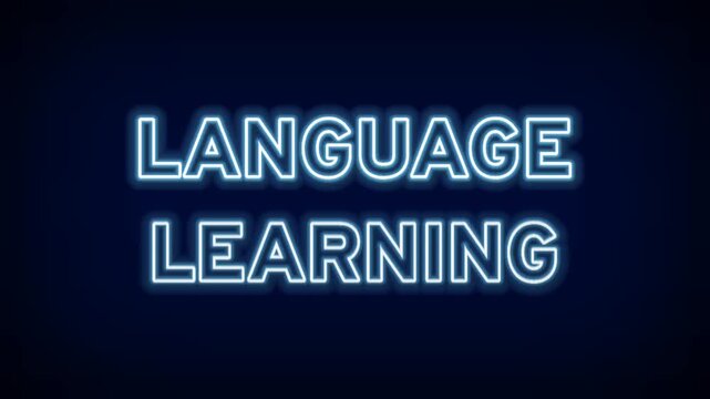 Blue neon light sign with Language Learning text for linguistics education and international communication study on dark black background