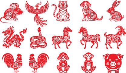 Red Chinese zodiac animal paper cut vector set with dragon tiger horse rabbit snake rat monkey dog pig rooster for lunar new year design © Jabun