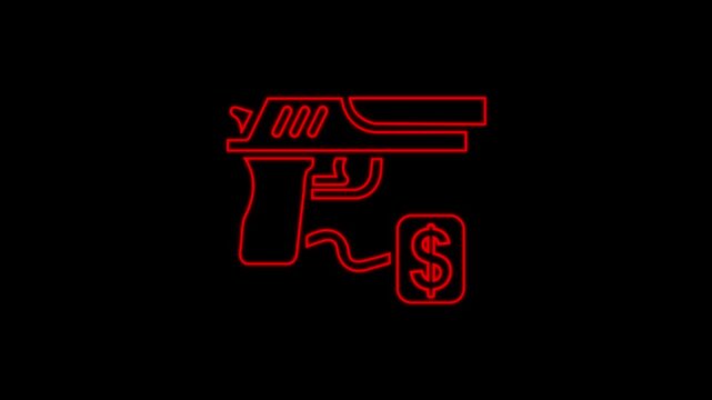 Black line Buying gun pistol with price tag icon isolated on white background. Buying weapon. 4K Video motion graphic animation.
