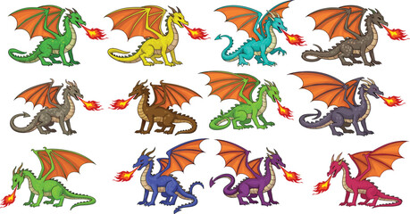 Colorful fire breathing dragon vector collection featuring various mythical creatures in green yellow blue purple and red for fantasy and game design