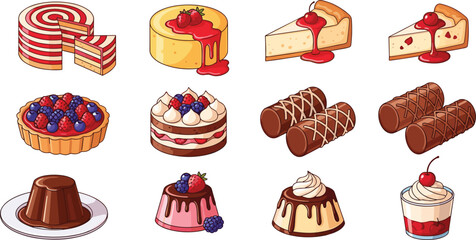 Delicious dessert vector collection featuring cheesecake berry tart chocolate pudding cake rolls strawberry mousse and sweet pastry illustrations for cafe and bakery design © Jabun
