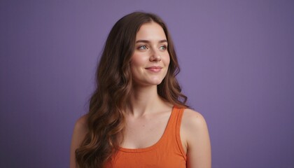 Obraz premium Young woman with wavy brown hair looking sideways on a purple background. Smiling female in orange tank top. Studio portrait with copy space