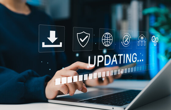 Software update or operating system, update software application upgrade technology concept. updating progress bar, installing app patch, new version loading, program downloading, improved security,