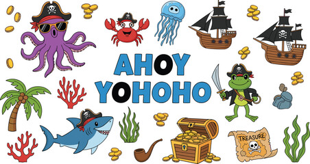 Pirate adventure vector collection featuring cute octopus shark crab frog characters with treasure chest ships map palm tree and nautical elements on white © Jabun